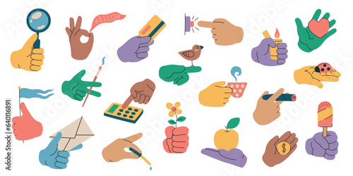 Hands holding objects. Human arm with various stuff, cartoon hand showing gesture and using daily cary tools and items. Vector set
