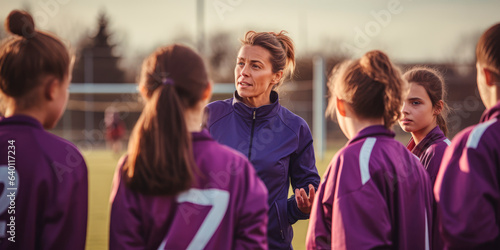 Fototapeta Naklejka Na Ścianę i Meble -  a female coach giving instructions to her team during a football match. Created with generative AI technology.