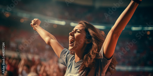 Fototapeta Naklejka Na Ścianę i Meble -  a woman celebrating a goal on the football field. Created with generative AI technology.