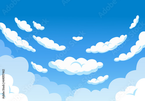 Cumulus clouds on blue sky background. Cartoon meteorological elements. Rounded shapes. Atmospheric evaporation phenomena. Cloudy heaven. Weather forecast. Vector cloudscape concept