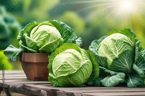 Fresh green cabbage on wooden table with blurred green nature background.  photo