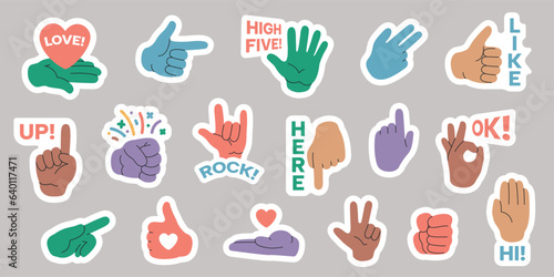 Comic hand stickers. Cute labels with hand expression and gestures, funny little fingers and palm badges, doodle hands of praise for planner. Vector set