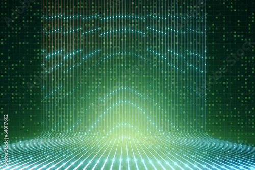 Fototapeta Naklejka Na Ścianę i Meble -  Creative futuristic green neon room interior. Tunnel or corridor, glowing panels, fashion podium, performance stage decorations concept. 3D Rendering.