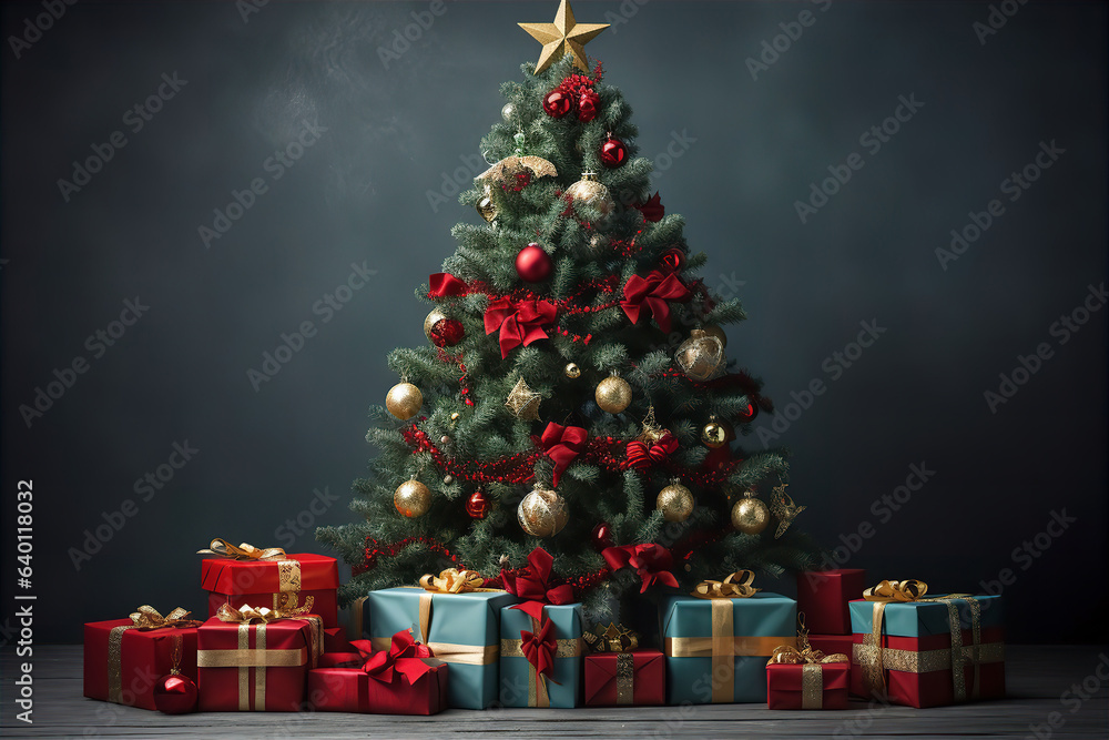 Christmas tree with gifts,beautiful Christmas tree on the background of a gray wall, generative ai