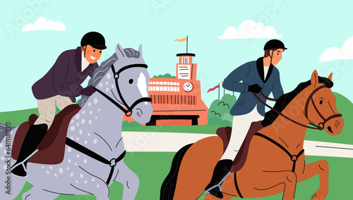 Horse racing at racetrack. Equestrian competition. Jockeys on horseback. Riders on animals at hippodrome. Equine sport. Horsemen championship. Stallions riding. Garish vector concept