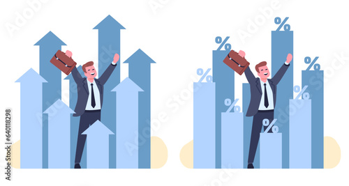 Joyful businessman around rising economic growth charts. Arrows and percentage graphs grow. Business profit. Financial progress. Money increase. Banking infographic. Vector concept