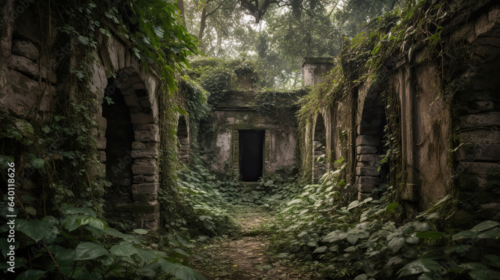 Ancient ruins covered in ivy