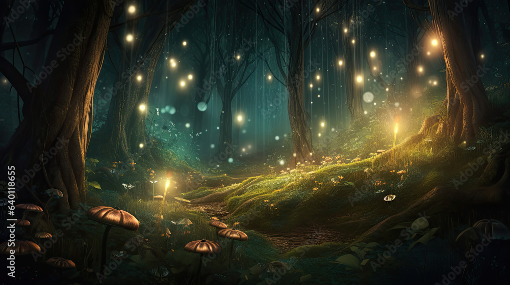 Enchanted forest with fireflies