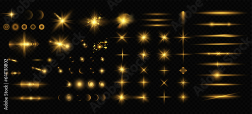 Golden particles of light. Golden light. Light flare.Stars isolated on transparent background.