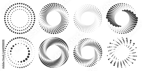 Set of halftone round dotted frames. Design element for frame, logo, web pages, prints, posters, template.