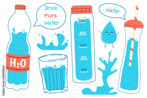 Vector illustration set of water,drink more water.Bottles and a glass of water.Simple h2o illustration.Flat vector illustration isolated on white background.	