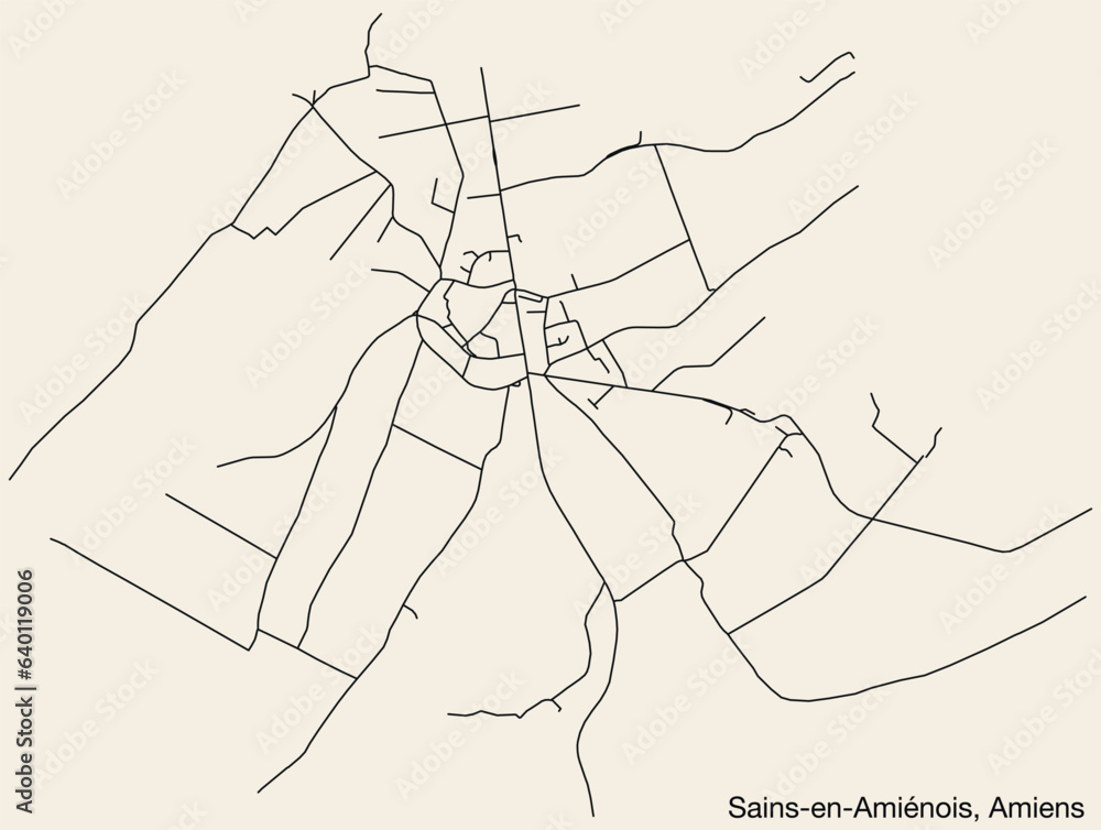 Detailed hand-drawn navigational urban street roads map of the SAINS-EN-AMIÉNOIS COMMUNE of the French city of AMIENS, France with vivid road lines and name tag on solid background