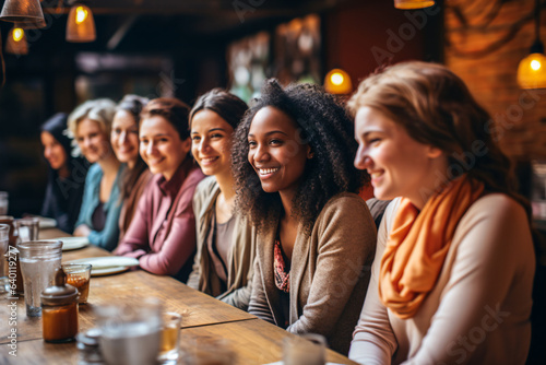 Diverse group of women friends in a cafe, smiling and talking.