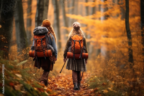 Group of Girls Walking Travel Hiking with Backpacks in the Autumn Forest extreme closeup. Generative AI