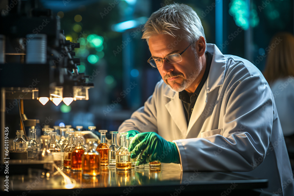 A senior male scientist in a lab coat, testing samples in the lab. A senior male scientist in a lab coat, testing samples in the lab.