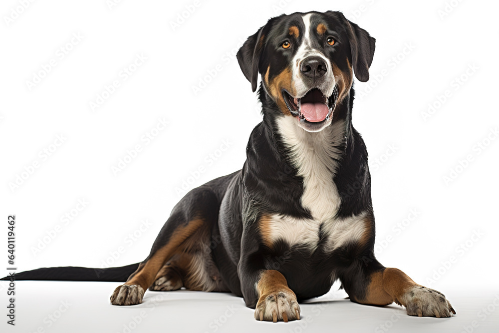 A Greater Swiss Mountain Dog isolated on white plain background