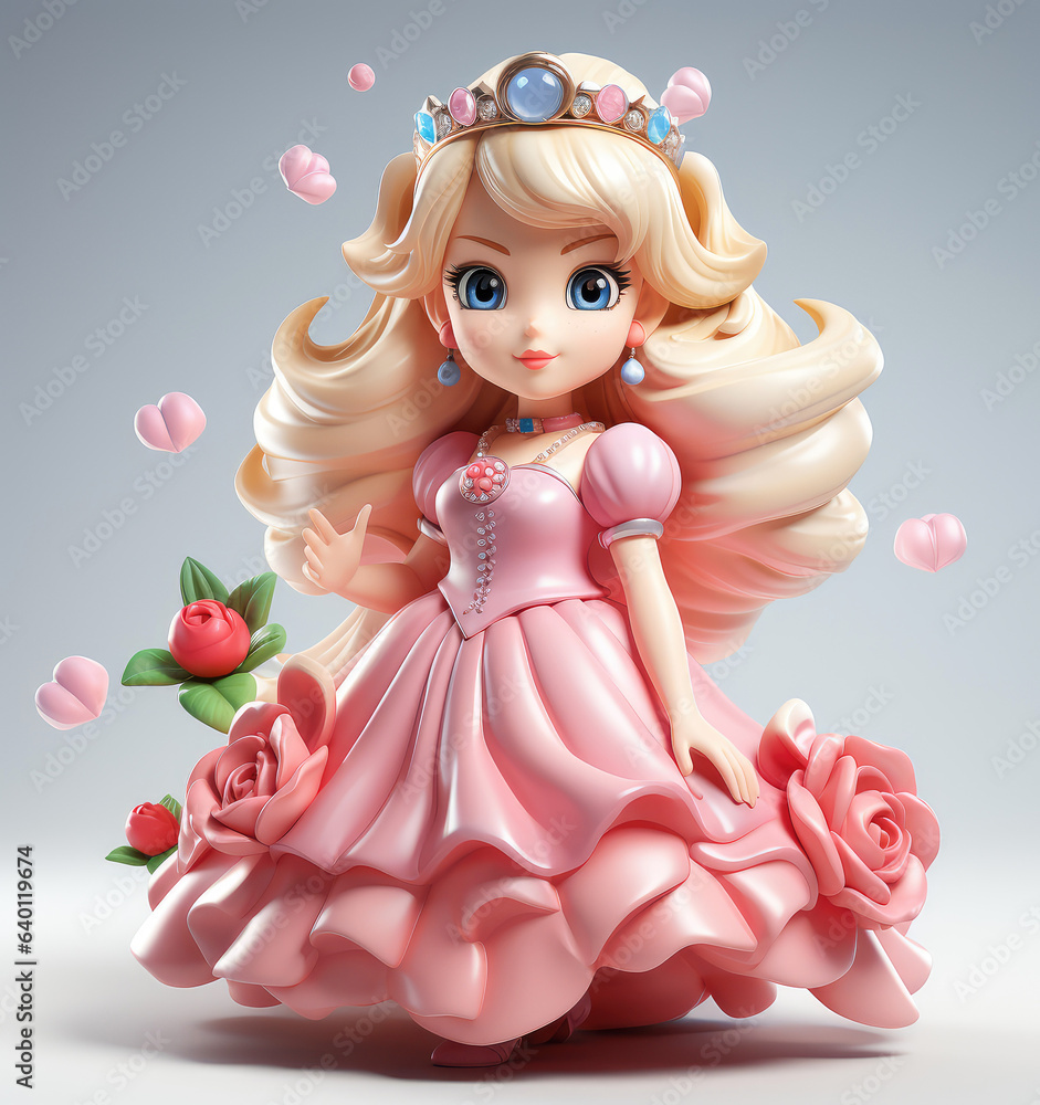 Fototapeta premium Cartoon Beautiful Cute Little Princess with Flowers in a Pink Dress extreme closeup. Generative AI