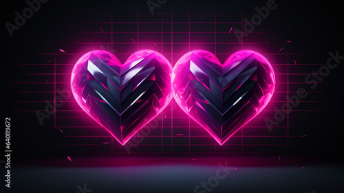 Zwei Herzen in Neon Farben mit Lichteffekten auf dunklem Hintergrund. Lovestory Romance. Partnerschaft. Querformat. Generative Ai.