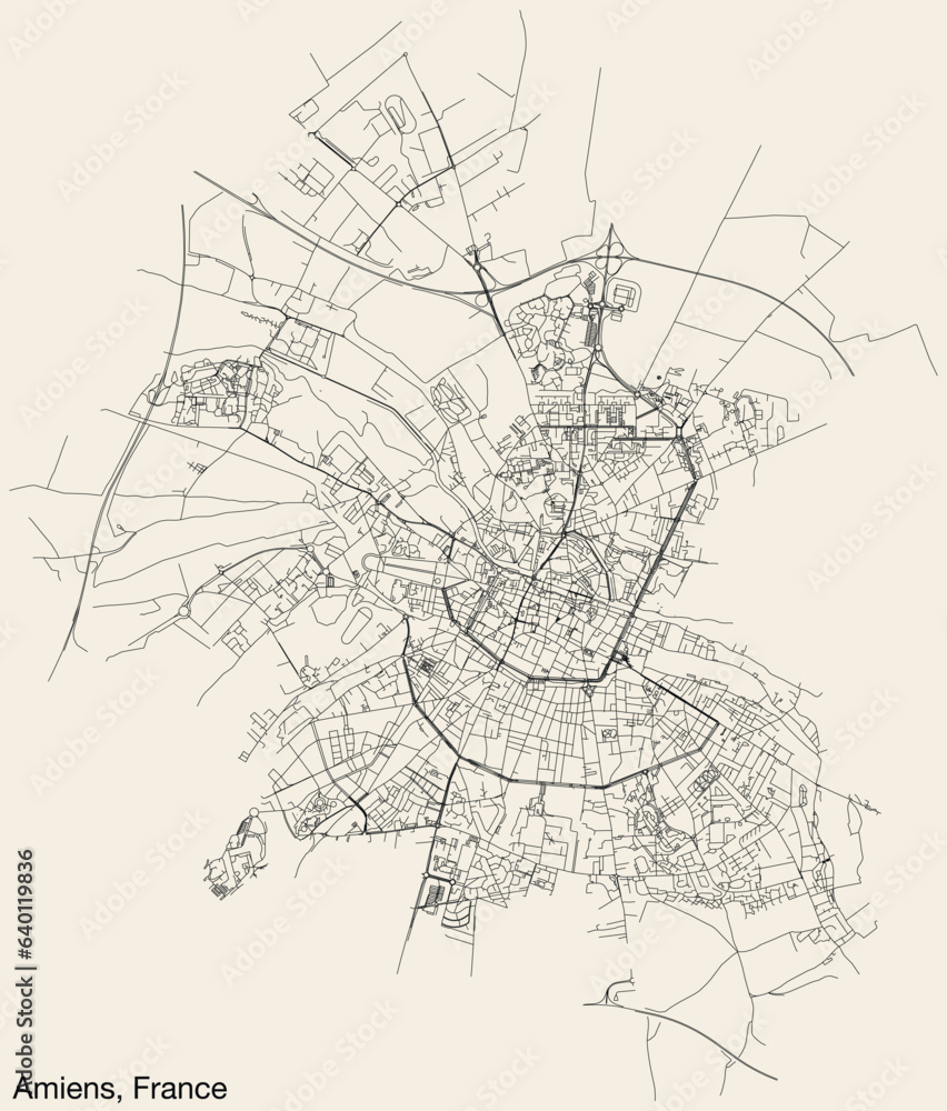 Detailed hand-drawn navigational urban street roads map of the French city of AMIENS, FRANCE with solid road lines and name tag on vintage background