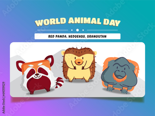 World animal day, square animal cartoon set of red panda, hedgehog, and orangutan. photo