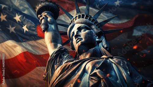 USA Independence Day Concept. Statue of Liberty in front of American Flag extreme closeup. © doomu