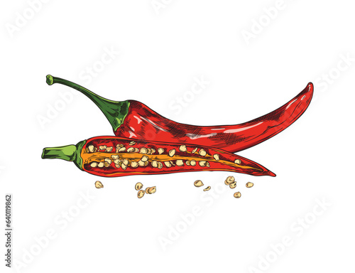 Whole and half chili peppers, red cayenne chili pepper, color hand drawn spicy organic vegetable vector illustration