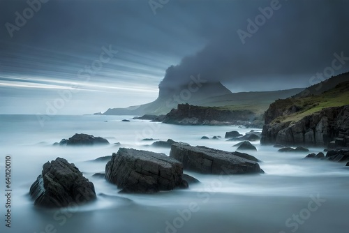 Distant settlement located on rocky coastline surrounded by dark ocean water under heavy gray clouds