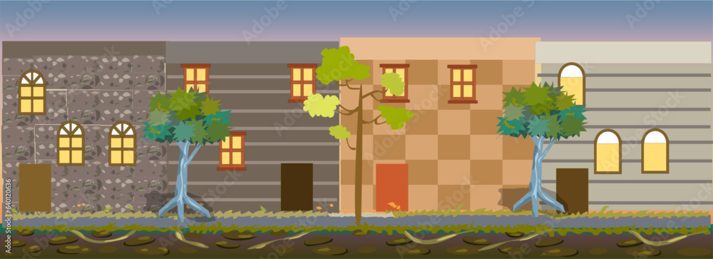 City Residential Landscape Game Background and Vector Illustration