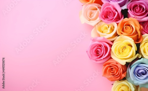 Rainbow spring roses flowers on pink background top view in flat lay style.