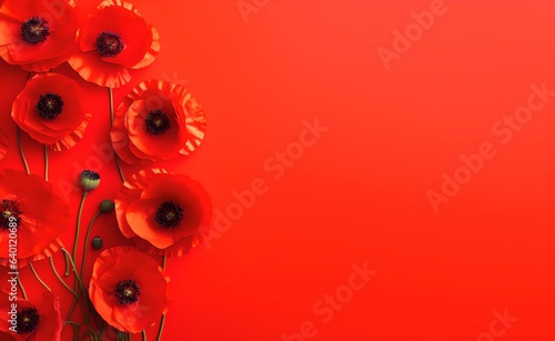 Red field poppies flowers on bright red pastel background.