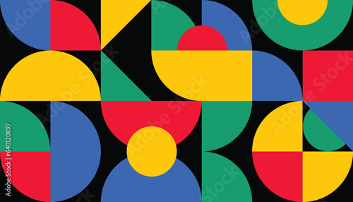 Abstract geometric pattern design background vector. Wallpaper design with circle, square, triangle and semicircle shape. Modern and trendy illustration perfect for decor, cover, print, banner.