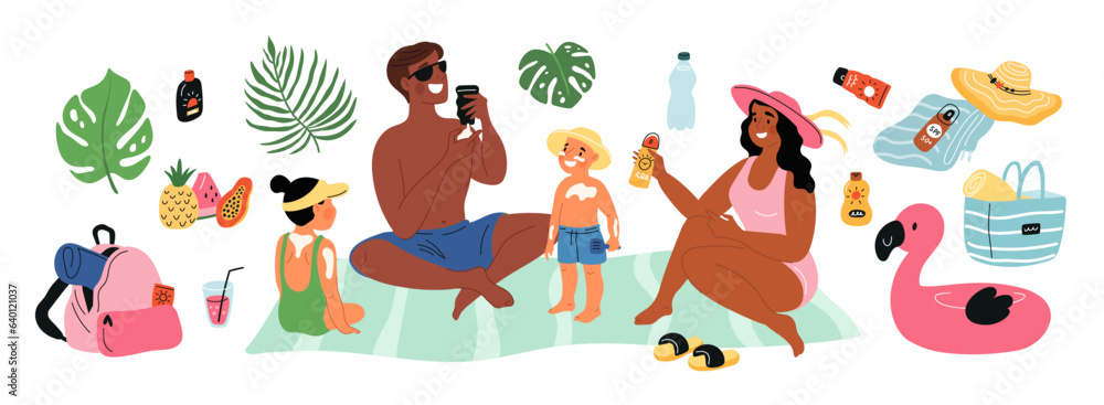Sun protection elements. Happy family sunbathing on summer beach. People smear sunscreen themselves. UV protecting cream. Tropical leaves and fruits. SPF lotion bottles. Garish vector set Sun protection elements. Happy family sunbathing on summer beach. People smear sunscreen themselves. UV protecting cream. Tropical leaves and fruits. SPF lotion bottles. Garish vector set