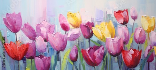 Spring summer tulips flower background banner panorama - Abstract oil acrylic painting of colorful tulip field on canvas #640121215