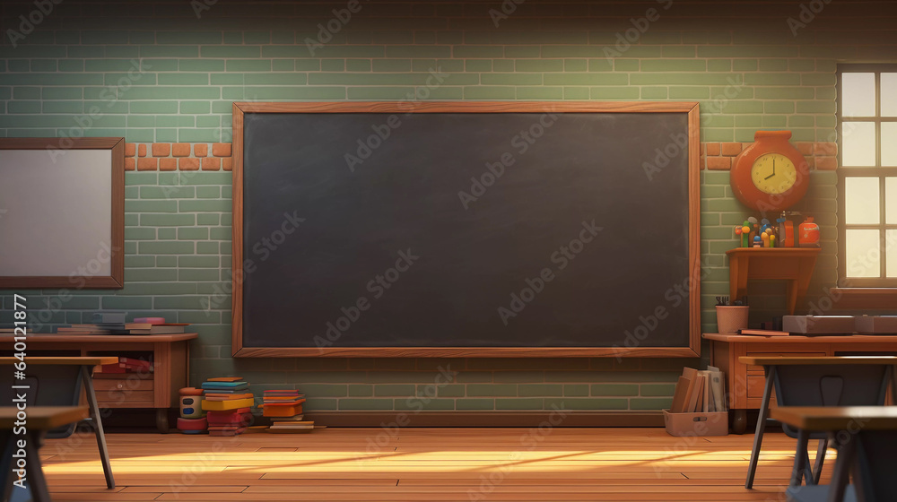 Empty Classroom Background with Chalkboard. Tables and seats on wooden floor. Education and Back to school concept. Architecture interior. Empty Classroom Background with Chalkboard. Tables and seats on wooden floor. Education and Back to school concept. Architecture interior.