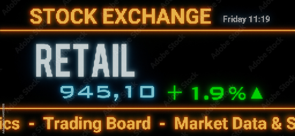 Retail index. Stock market data, retail stocks price information and percentage changes on a screen. Stock exchange, business, sector index and trading concept. 3D illustration