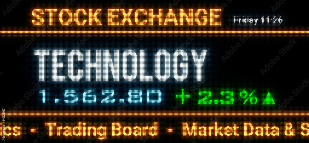 Technology index. Stock market data, technology stocks price information and percentage changes on a screen. Stock exchange, business, sector index and trading concept. 3D illustration Technology index. Stock market data, technology stocks price information and percentage changes on a screen. Stock exchange, business, sector index and trading concept. 3D illustration