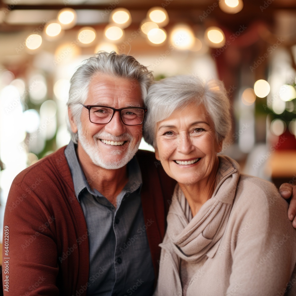 Happy elderly couple blurred background. Generative AI Happy elderly couple blurred background. Generative AI