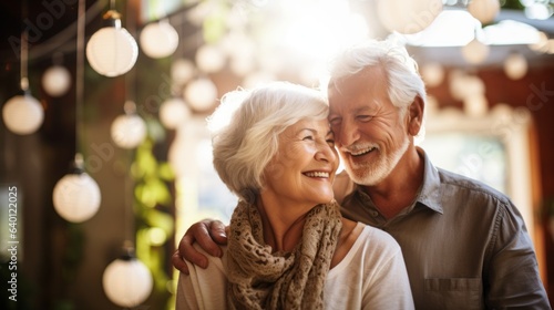 Happy elderly couple blurred background. Generative AI