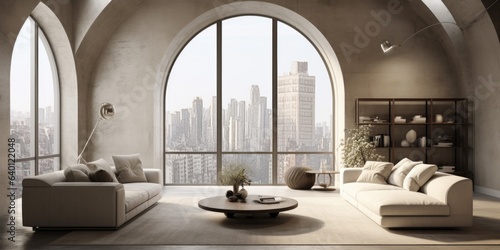 Arched window and beige velvet sofa in apartment With concrete ceiling. Interior design of modern living room
