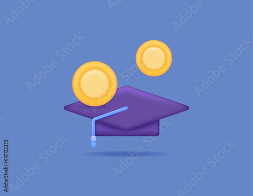 Graduation caps and the coins. Tuition fees and student loans. Academic and effort. Money to study or go to school. Symbol or icon. Minimalist 3D illustration concept design. Vector elements