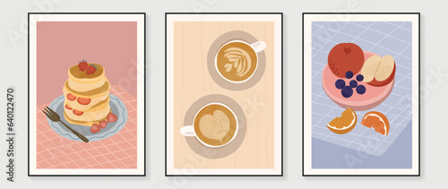 Dessert and fruit wall art vector set. Hand drawn doodle design with pancake, coffee, apple, strawberry, orange. Illustration for print, wallpaper, cover, restaurant picture decoration, cafe interior.