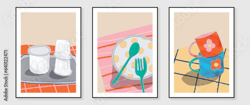 Breakfast and coffee wall art vector set. Hand drawn doodle design with cereal, coffee glass. Illustration for print, wallpaper, cover, restaurant picture decoration, cafe interior.