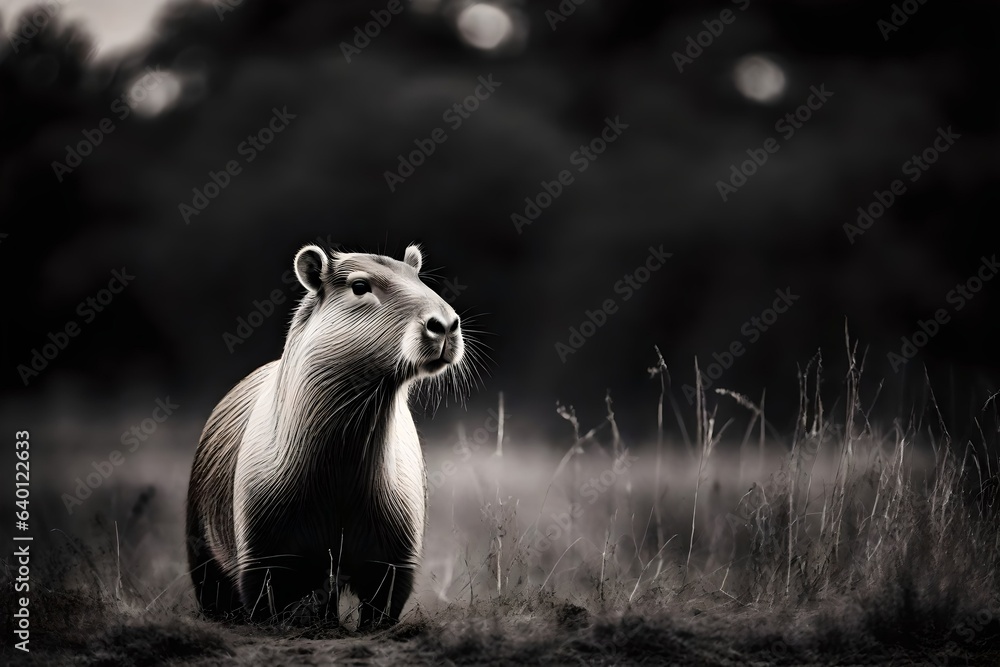 A black and white image of a capybara standing in a grassy plain A black and white image of a capybara standing in a grassy plain