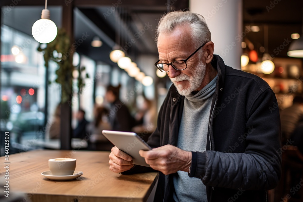 elderly gentleman, with silver hair and weathered hands, navigating a sleek tablet device elderly gentleman, with silver hair and weathered hands, navigating a sleek tablet device