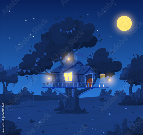Tree house with lighting, ladder and swing, vector children treeshed summer camp in forest, night sky, full moon, stars