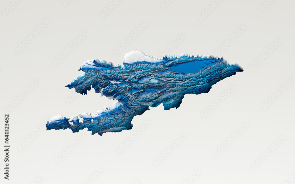 Fototapeta premium 3d Deep Blue Water Kyrgyzstan Map Shaded Relief Texture Map On White Background 3d Illustration