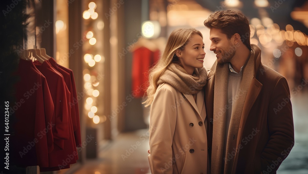 A young couple walks in a shopping mall.