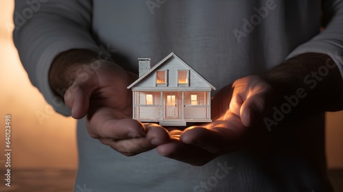 Miniature house in hand, real estate concept, home purchase.