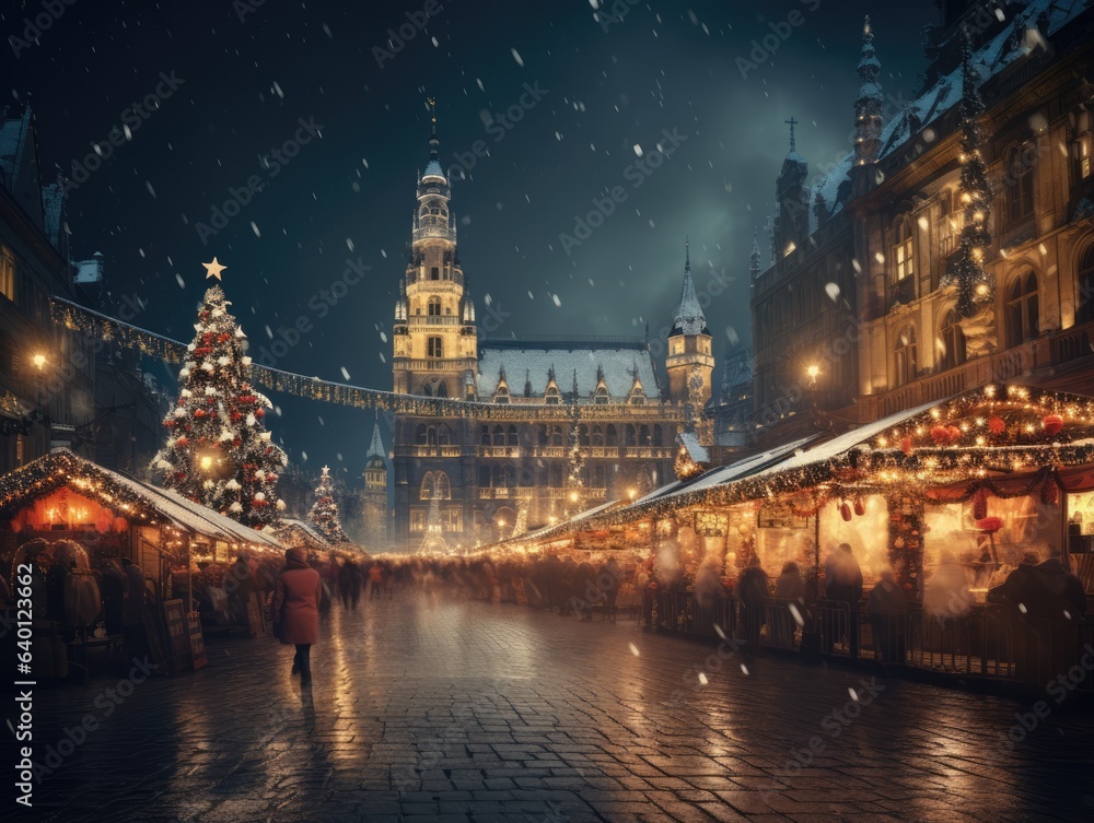Fototapeta premium Generative AI illustration of crowd of people walking on retro European city square in Christmas market with decorated trees by classic buildings at night
