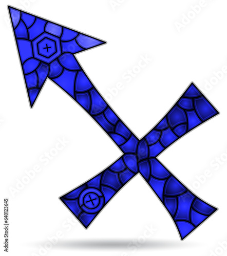 Illustration in the style of a stained glass window with the zodiac sign Sagittarius, the symbol is isolated on a white background, tone blue photo